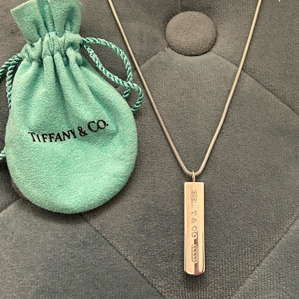 Vintage Tiffany & Co. 1837 Bar Pendant Necklace Silver Snake Chain 18”